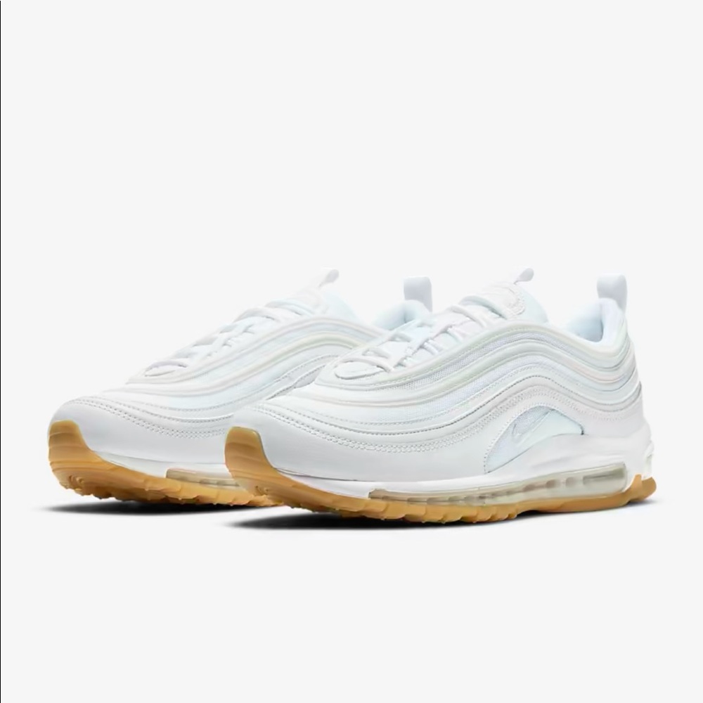 Nike airmax 97 all white with a gum bottom.